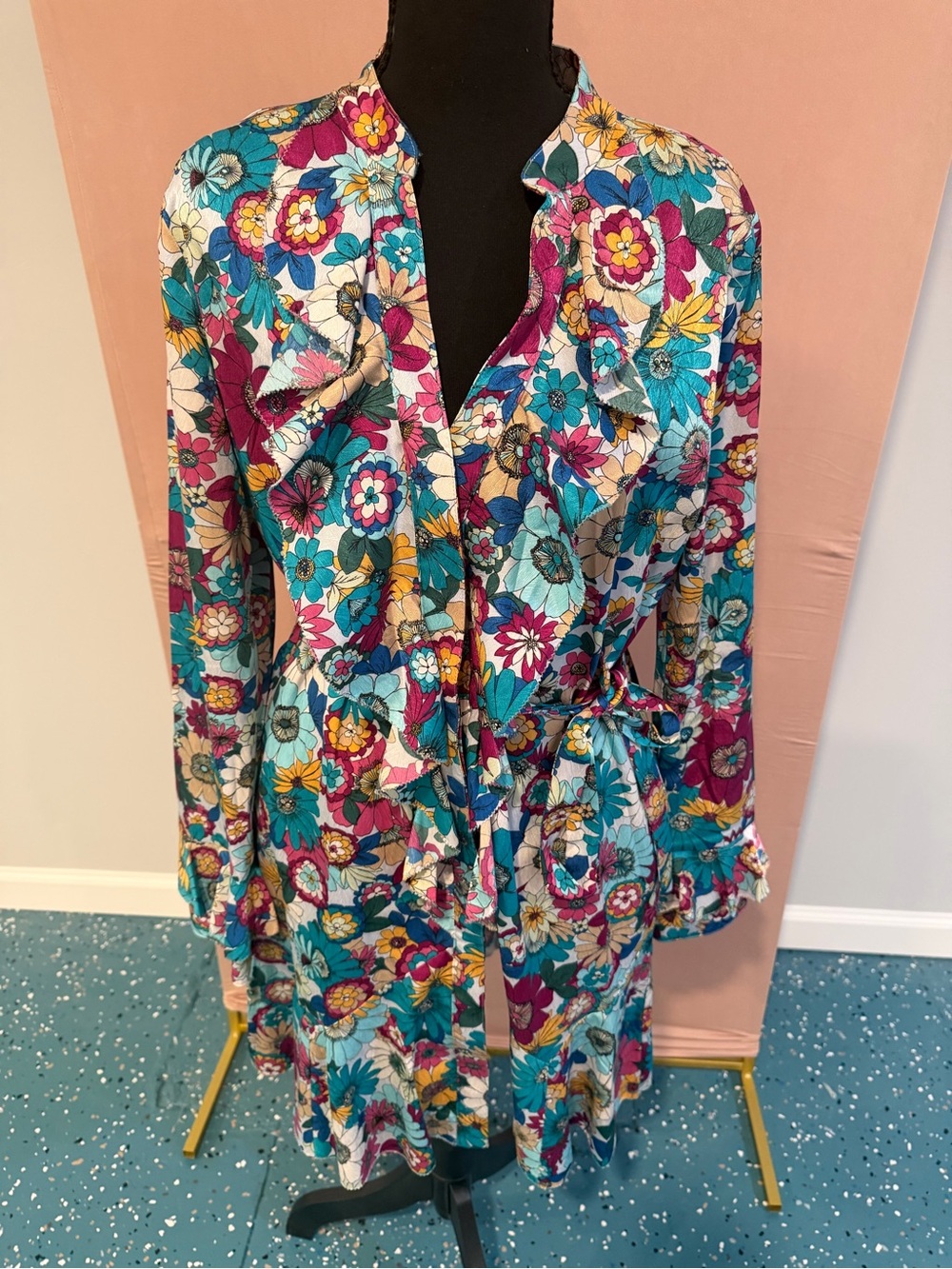 Laundry By Shelli Segal Teal, Magenta & Cream Floral Ruffle Tie-Waist Midi Dress